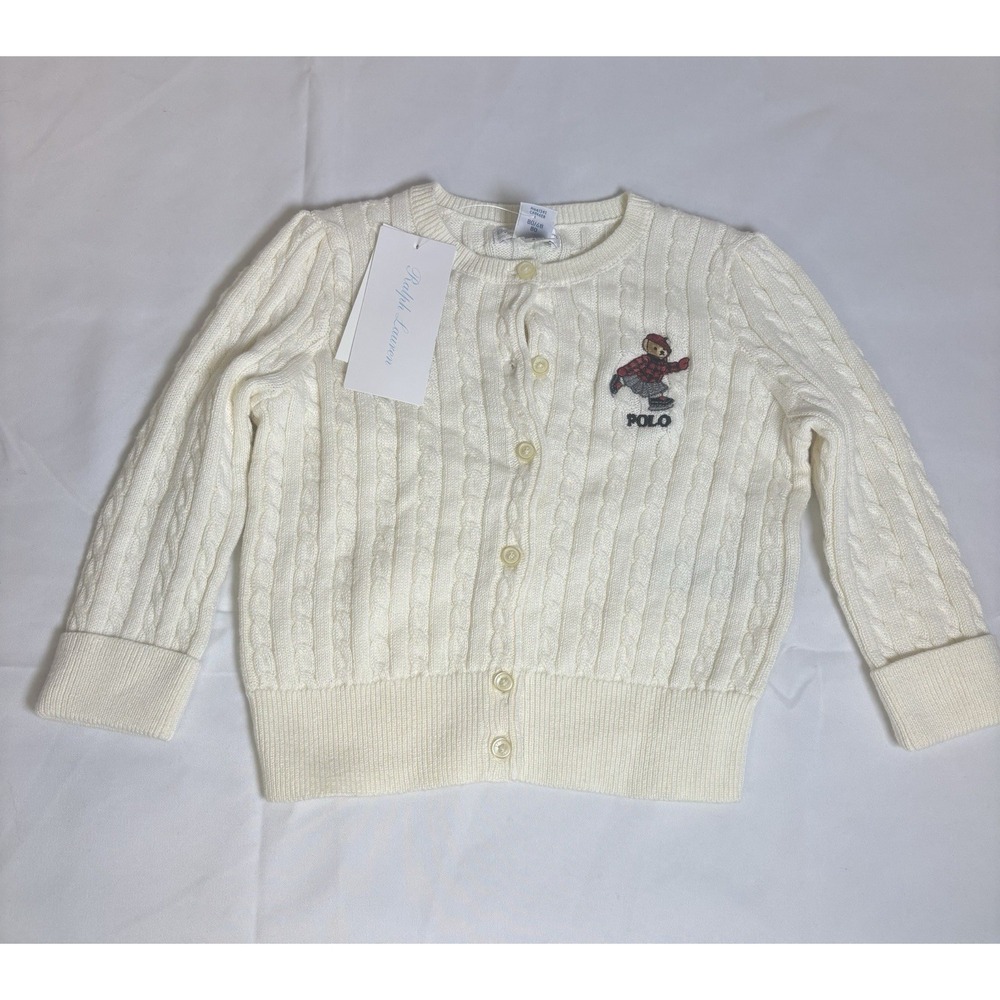Polo Ralph Lauren Polo Bear Ivory Cable-Knit Cotton Button Cardigan Sweater 12M